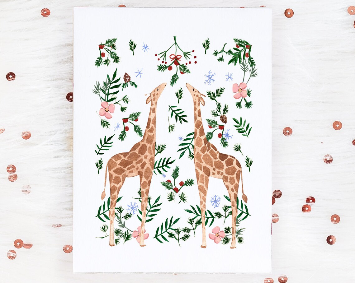 Festive Giraffes Christmas Watercolor Pine Snowflake Art Poster - Image 3