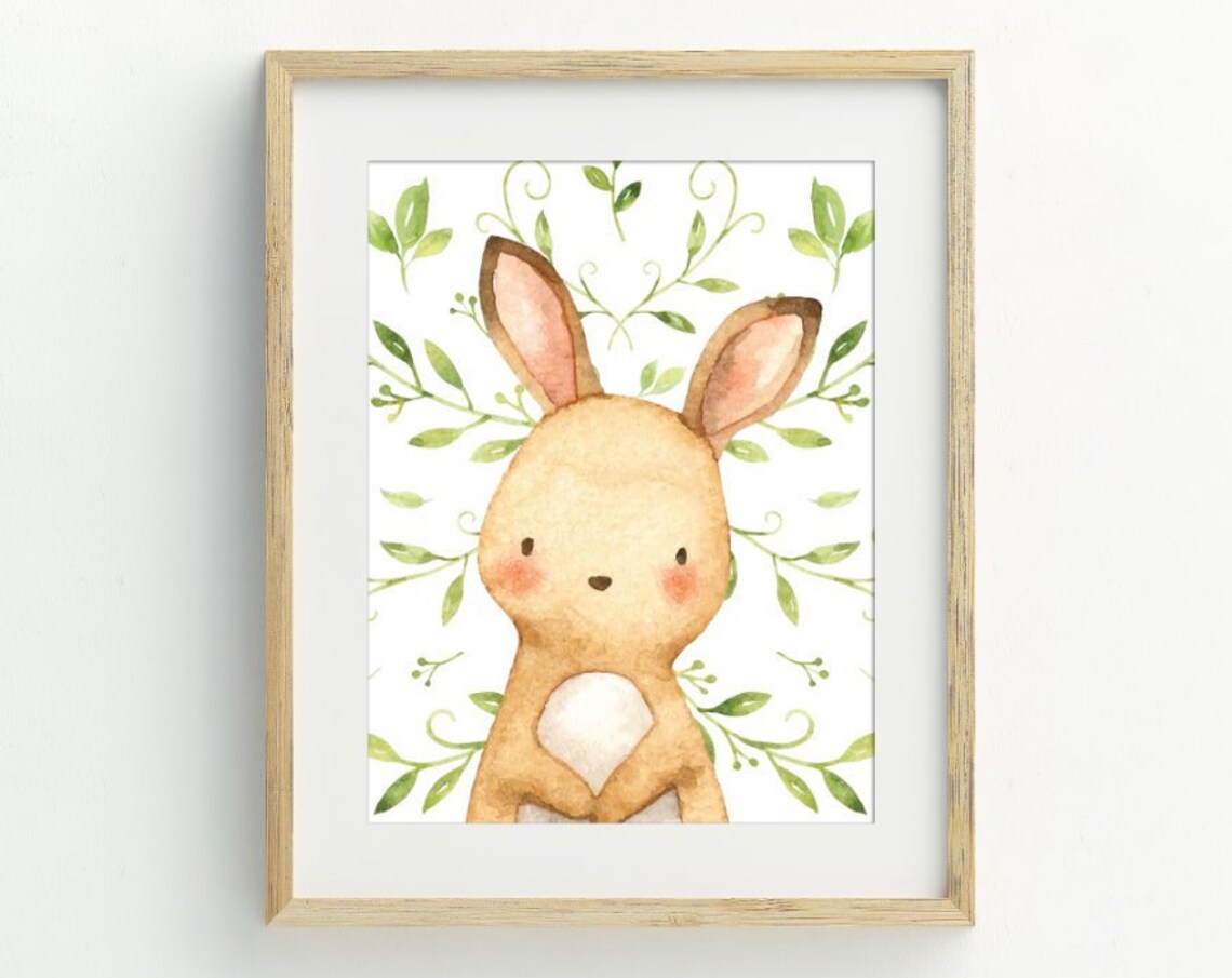 Cute Watercolor Bunny Rabbit Floral Nursery Easter Baby Room Wall Art - Image 2
