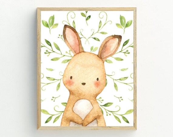 Cute Watercolor Bunny Rabbit Floral Nursery Easter Baby Room Wall Art