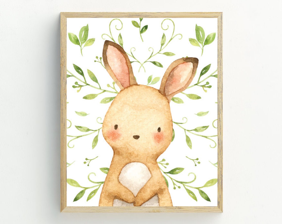 Cute Watercolor Bunny Rabbit Floral Nursery Easter Baby Room Wall Art