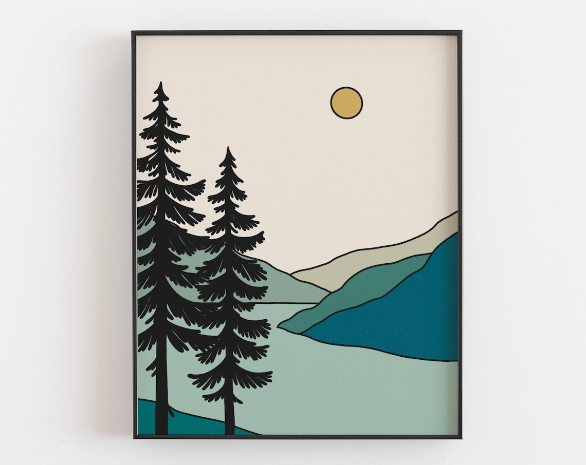 Sunset Over The Mountain Art Print, Boho Forest