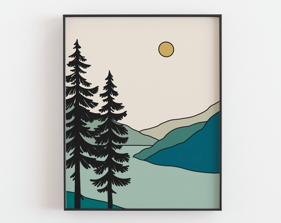 Sunset Over the Mountain, Boho Line Art Print
