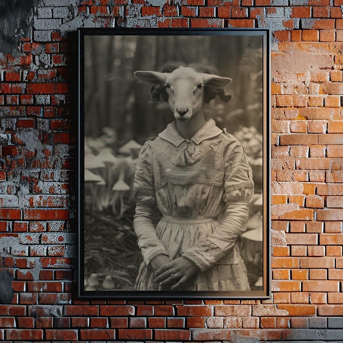 Surreal Sheep Headed Girl In Dress Mushroom Forest Sepia Art Poster - Image 2