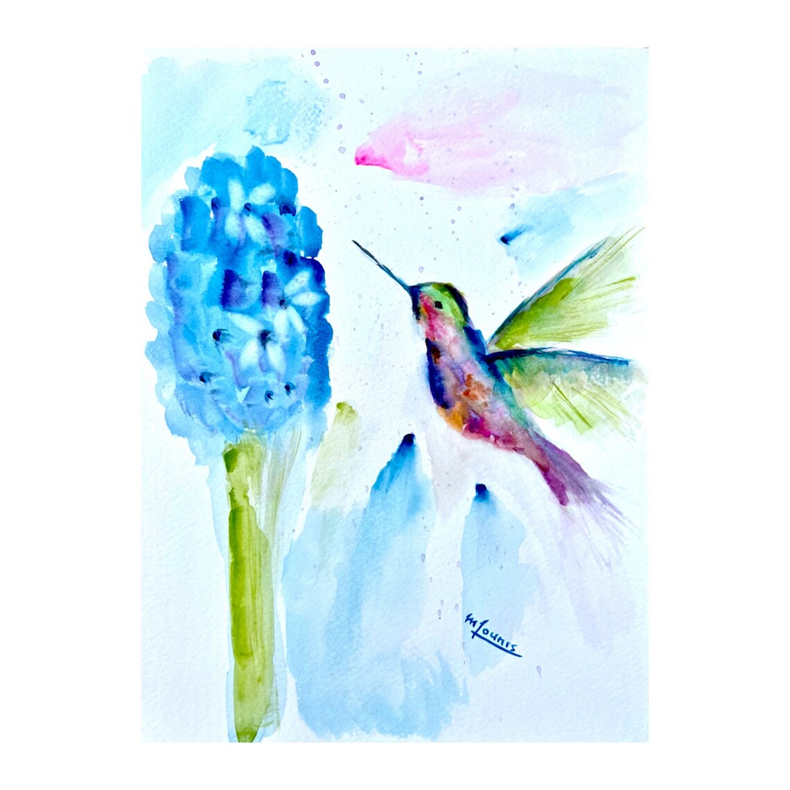 Colorful Hummingbird Blue Flower Watercolor Bird Painting Poster