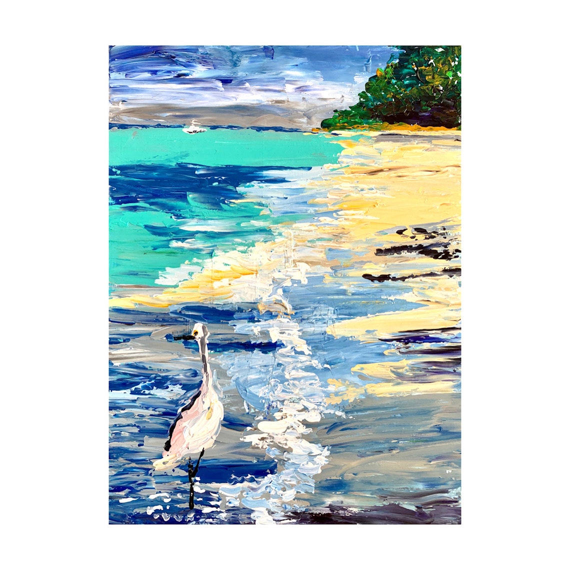 White Egret Turquoise Beach Ocean Waves Bird Coastal Art Poster