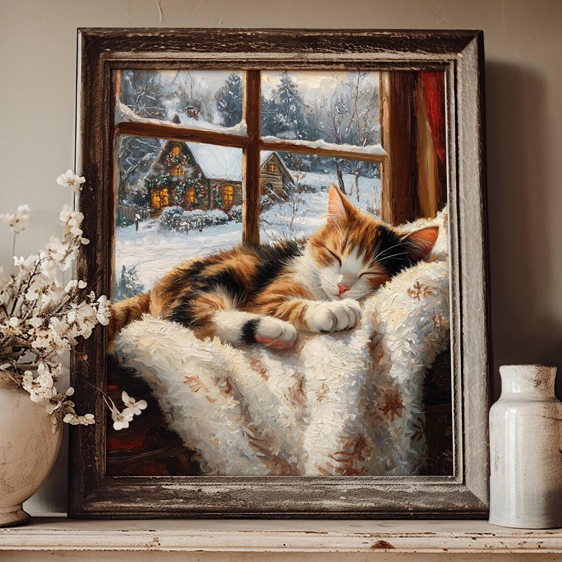 Calico Cat Farmhouse Christmas Poster, Rustic Holiday Print