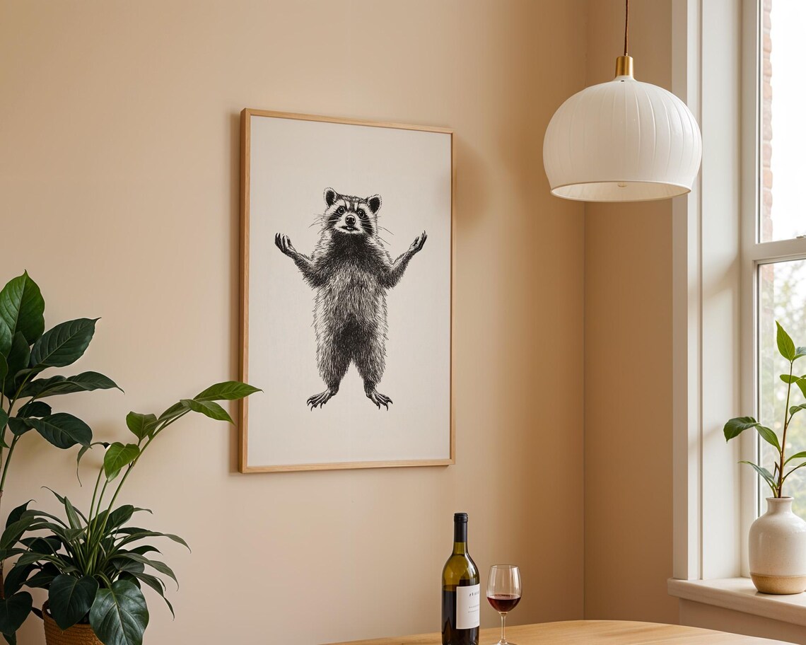 Vintage Standing Raccoon Engraving Animal Poster for Rustic Office Decor - Image 2