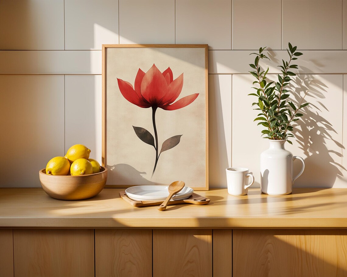 Vintage Red Flower Art Print, Kitchen Office Decor