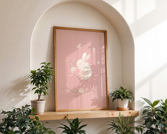 White Bunny with Flowers on Soft Pink Nursery Animal Wall Art