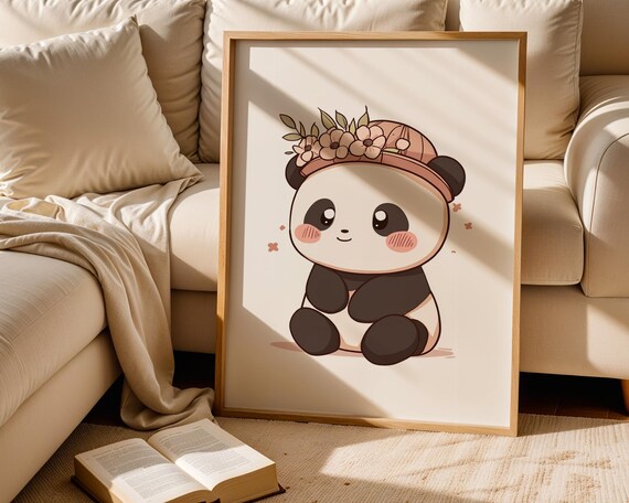 Cute Panda in Floral Hat Kawaii Animal Poster for Kids Room Wall Decor