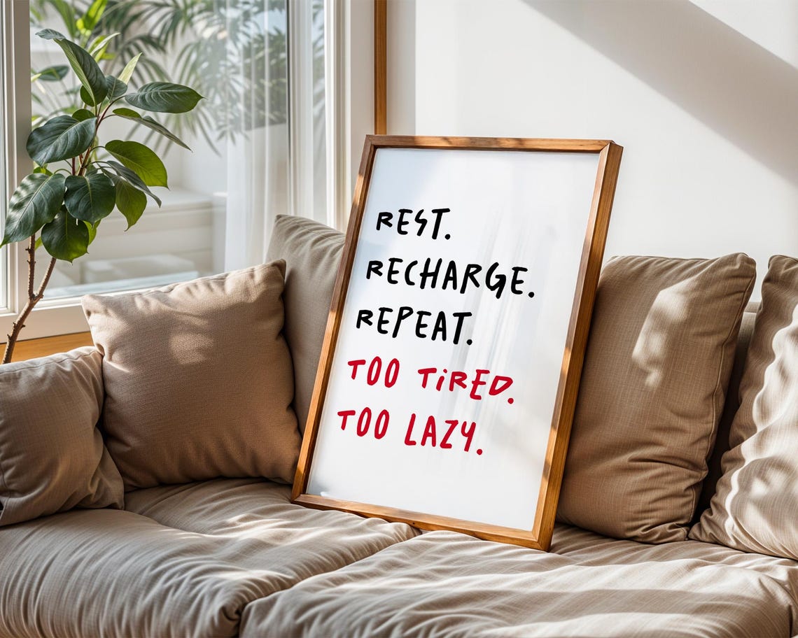 Rest Recharge Repeat Poster Funny Wall Art For Lazy People Home Office Decor For Kitchen Room