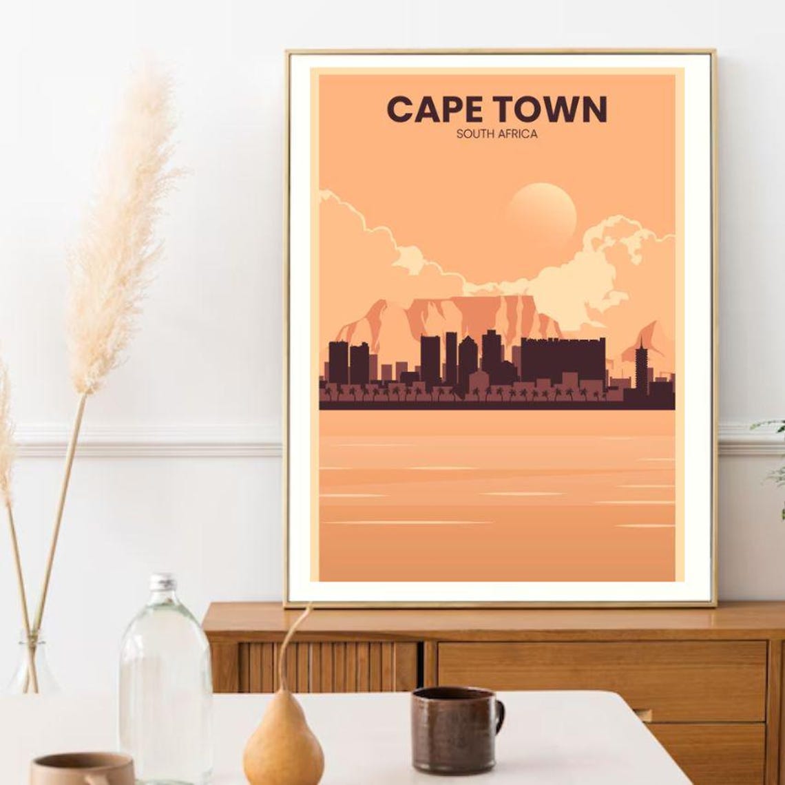 Cape Town South Africa Peach Sunset Table Mountain Skyline Poster
