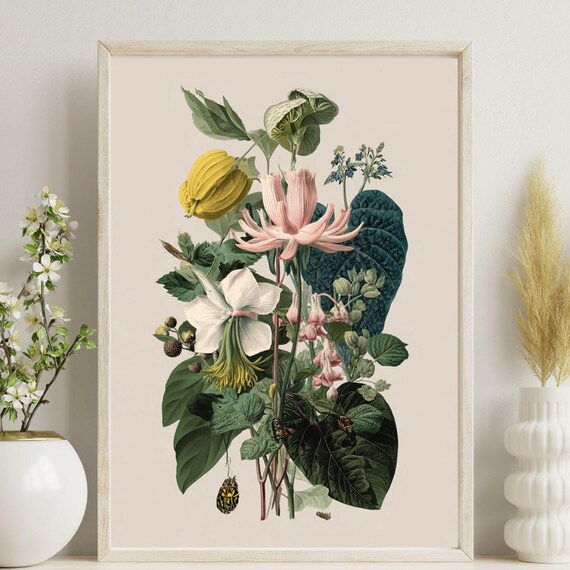 Botanical Wall Art Vintage Floral Poster Plant Illustration Print Nature Study Tropical Flower Naturalist Decor