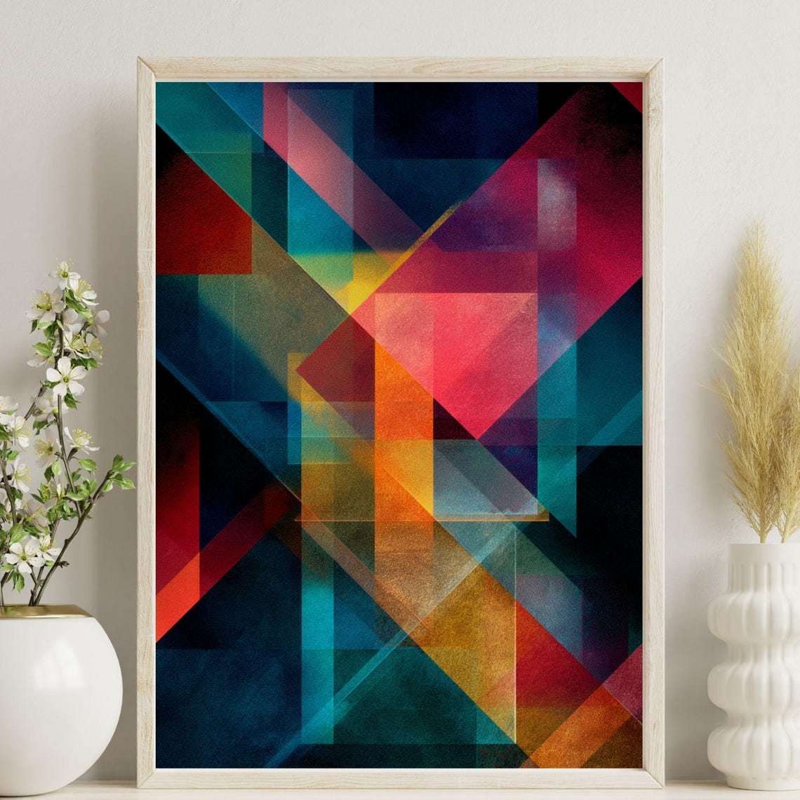 Dark Geometric Light Beam Stained Glass Triangle Abstract Poster