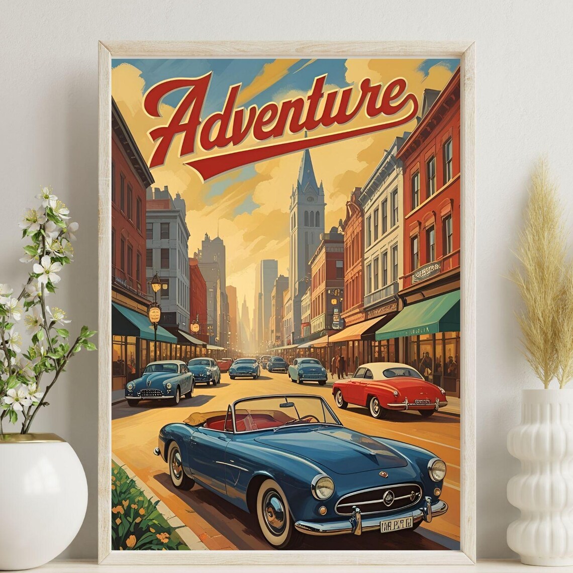 Adventure Retro Vintage Classic Car City Street Travel Poster