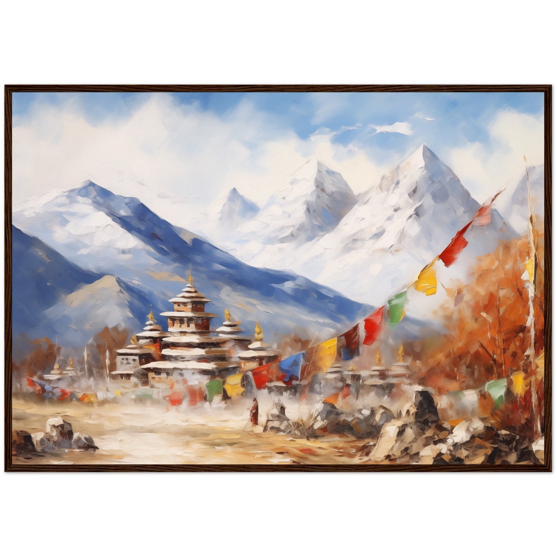 Himalayan Monastery Snow Peaks Prayer Flags Oil Painting Poster