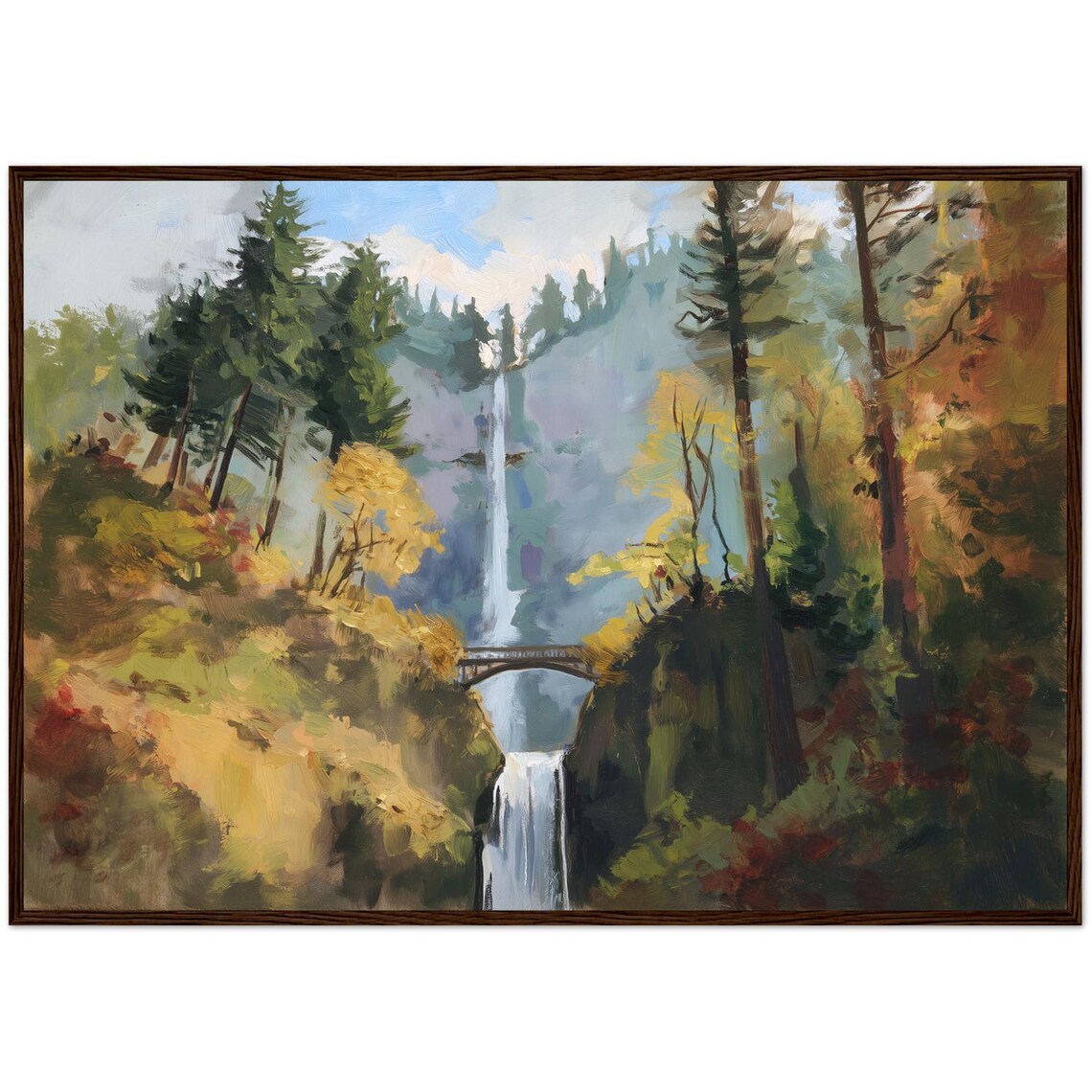 Multnomah Falls Oil Painting, Oregon Autumn Nature Art Print