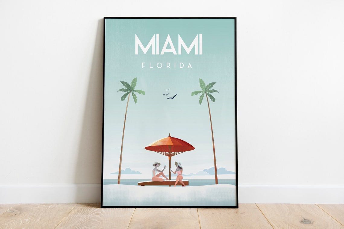 Miami Travel Poster South Beach Vintage Retro Poster Travel Poster Sizes Inches 8x10 12x16 12x18 16x20 18x24 24x36
