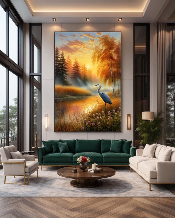 Heron At Autumn River Sunset Golden Wetland Bird Painting Wall Art