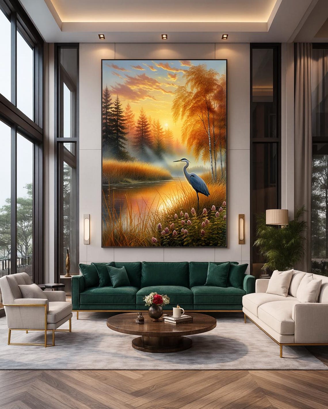 Heron At Autumn River Sunset Golden Wetland Bird Painting Wall Art