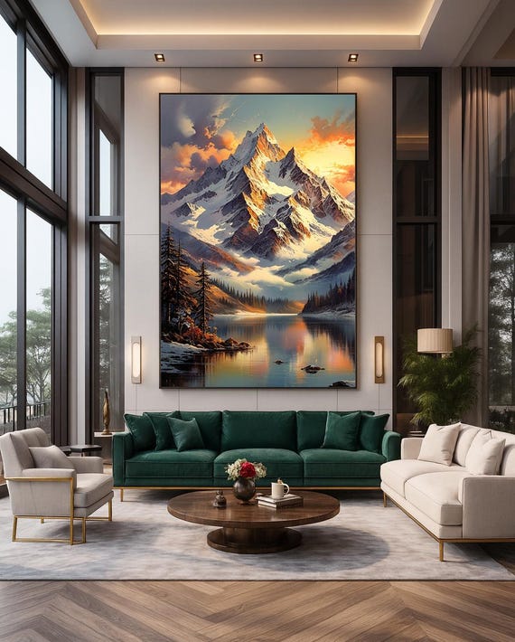 Mountain Sunset Wall Art Snowcapped Peaks Reflective Lake Rustic Nature
