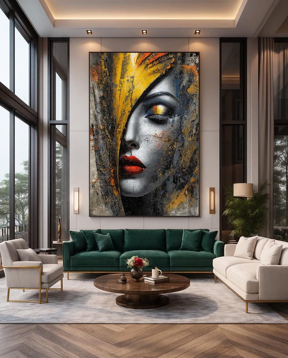 Golden Abstract Woman Portrait Wall Art Metallic Gold Red Lips Modern Expressionist
