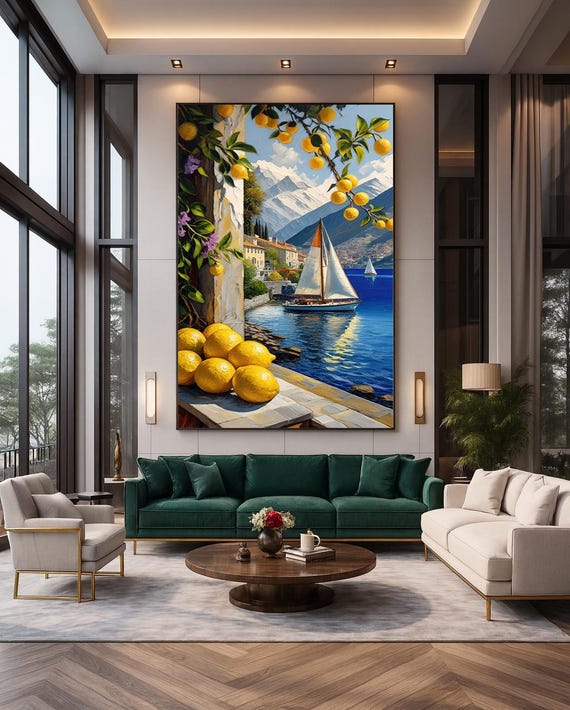 Lemon Sailboat Print Mediterranean Coastal Scene With Citrus Yacht Wall Art