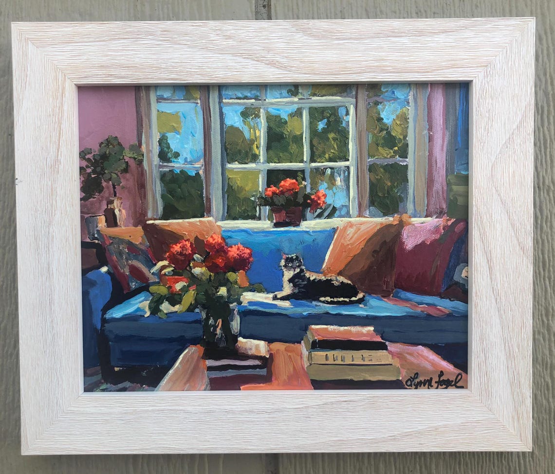Cozy Tabby Cat Napping on Blue Sofa in Sunlit Living Room Art Poster
