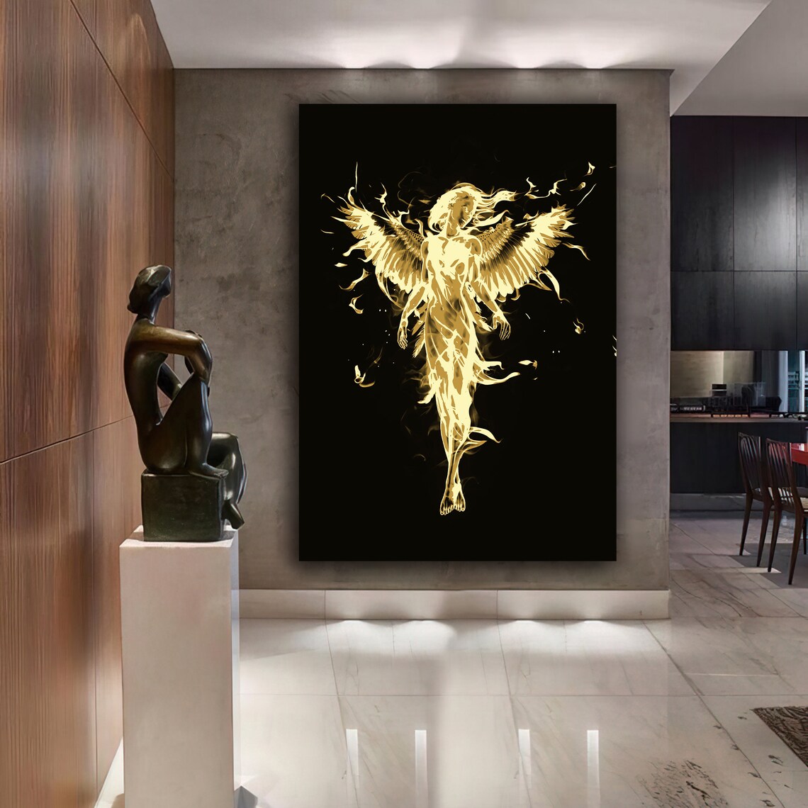 Golden Angel Rising With Spread Wings On Black Background Poster