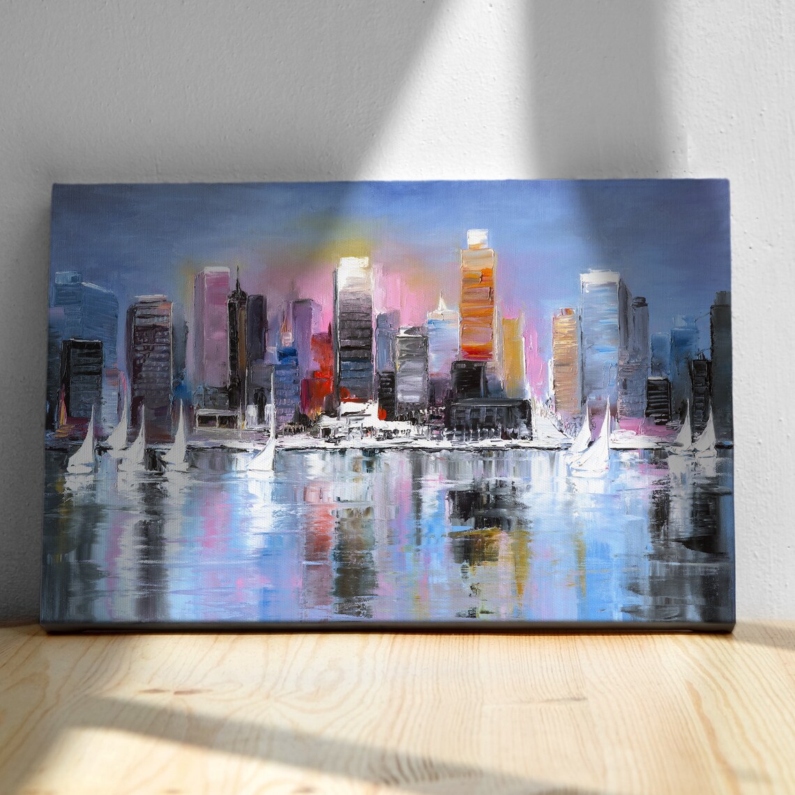 New York City Skyline Sunset Sailboats Harbor Watercolor Style Poster