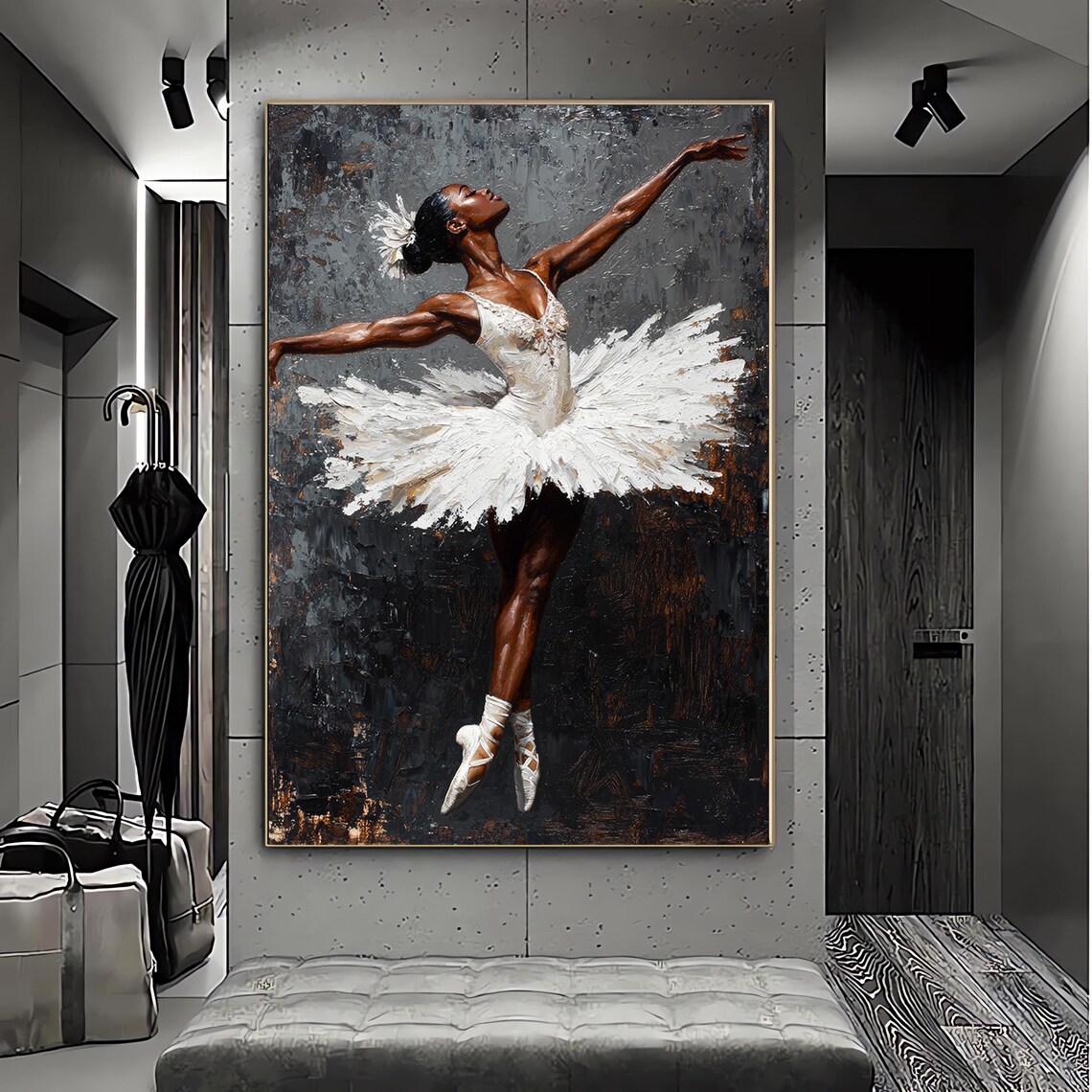 Elegant Black Ballerina White Tutu Pointe Textured Ballet Wall Art Print