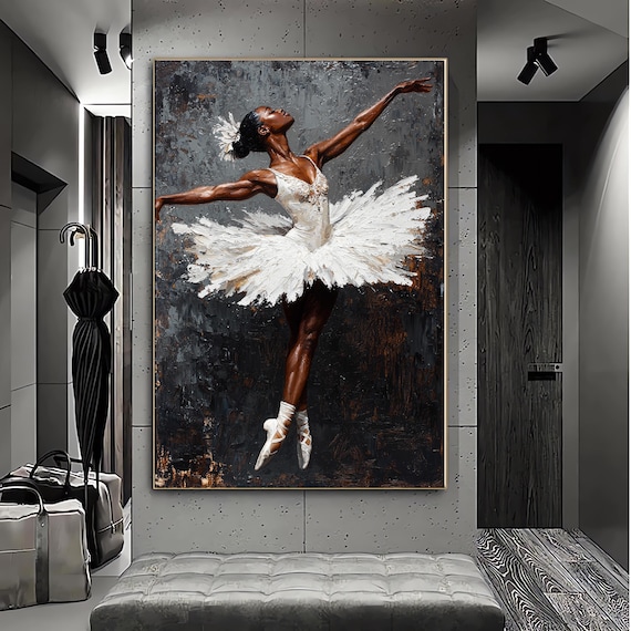 Elegant Black Ballerina White Tutu Pointe Textured Ballet Wall Art Print