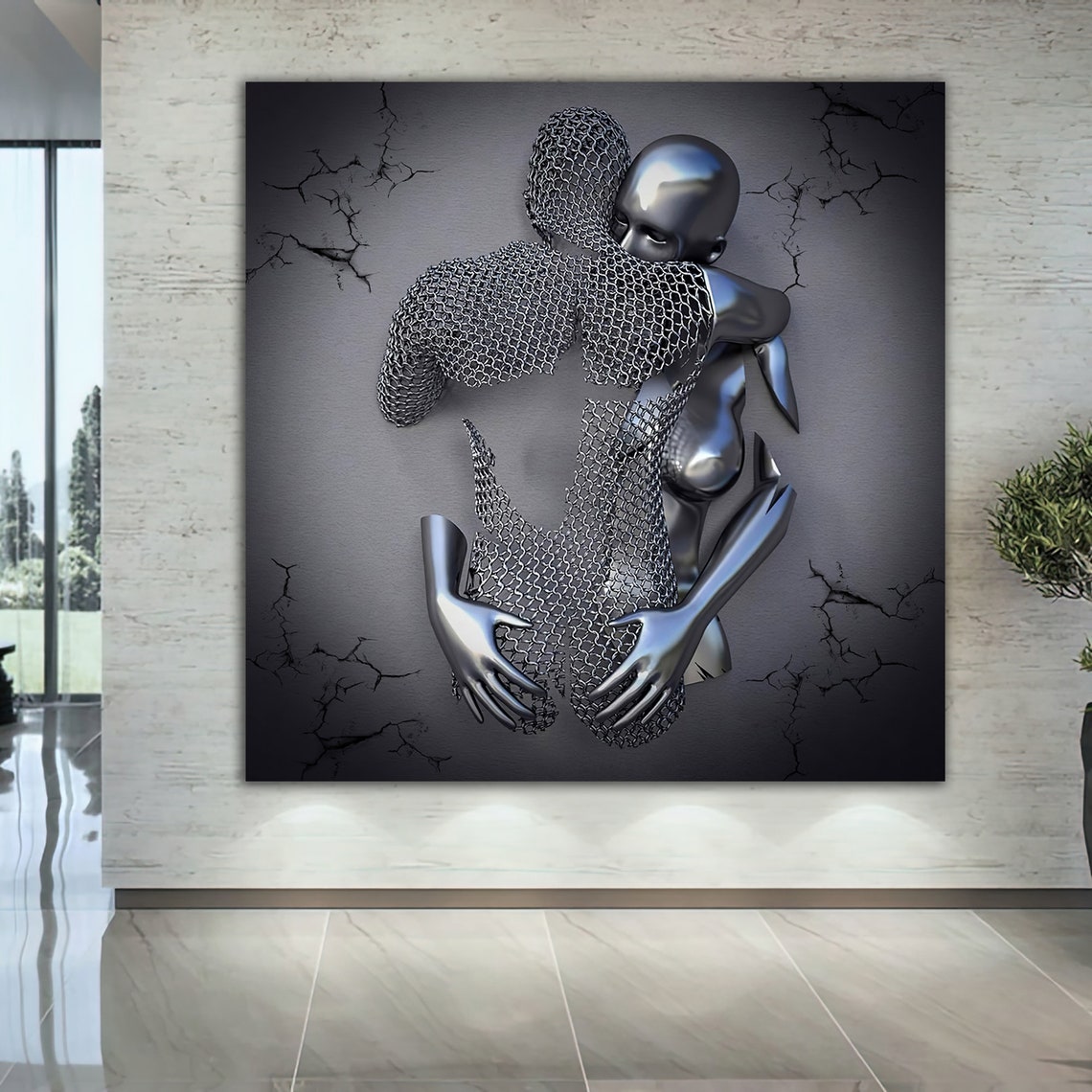 Metallic Silver Lovers Embrace Chainmail Modern Sculpture Art Poster