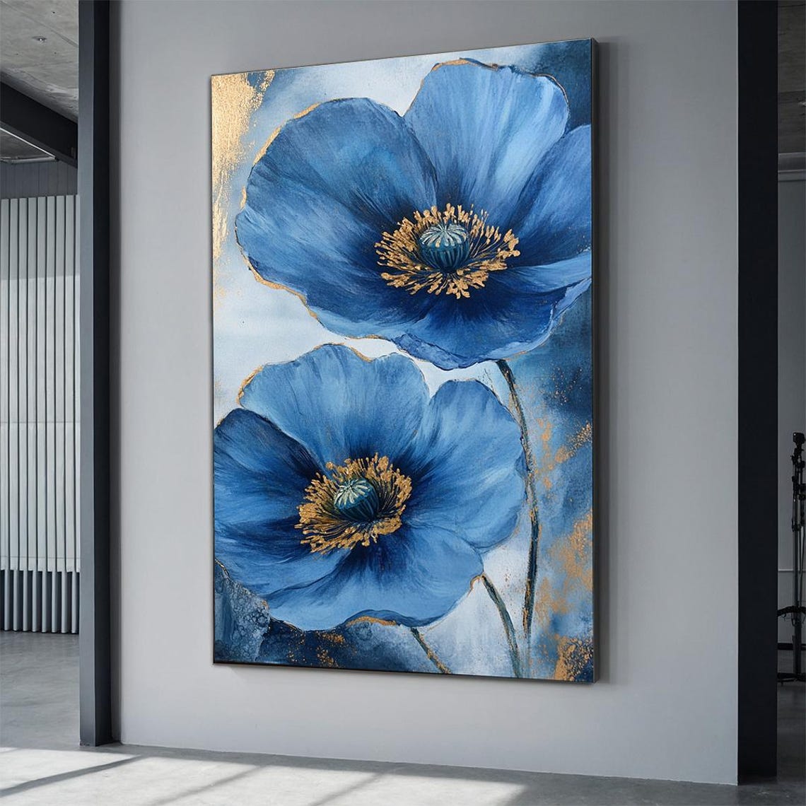 Blue Poppy Flowers Gold Centers Large Floral Abstract Painting Poster