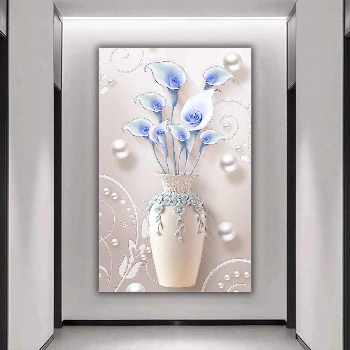 White Blue Calla Lilies Ornate Vase Elegant Floral Wall Art Poster