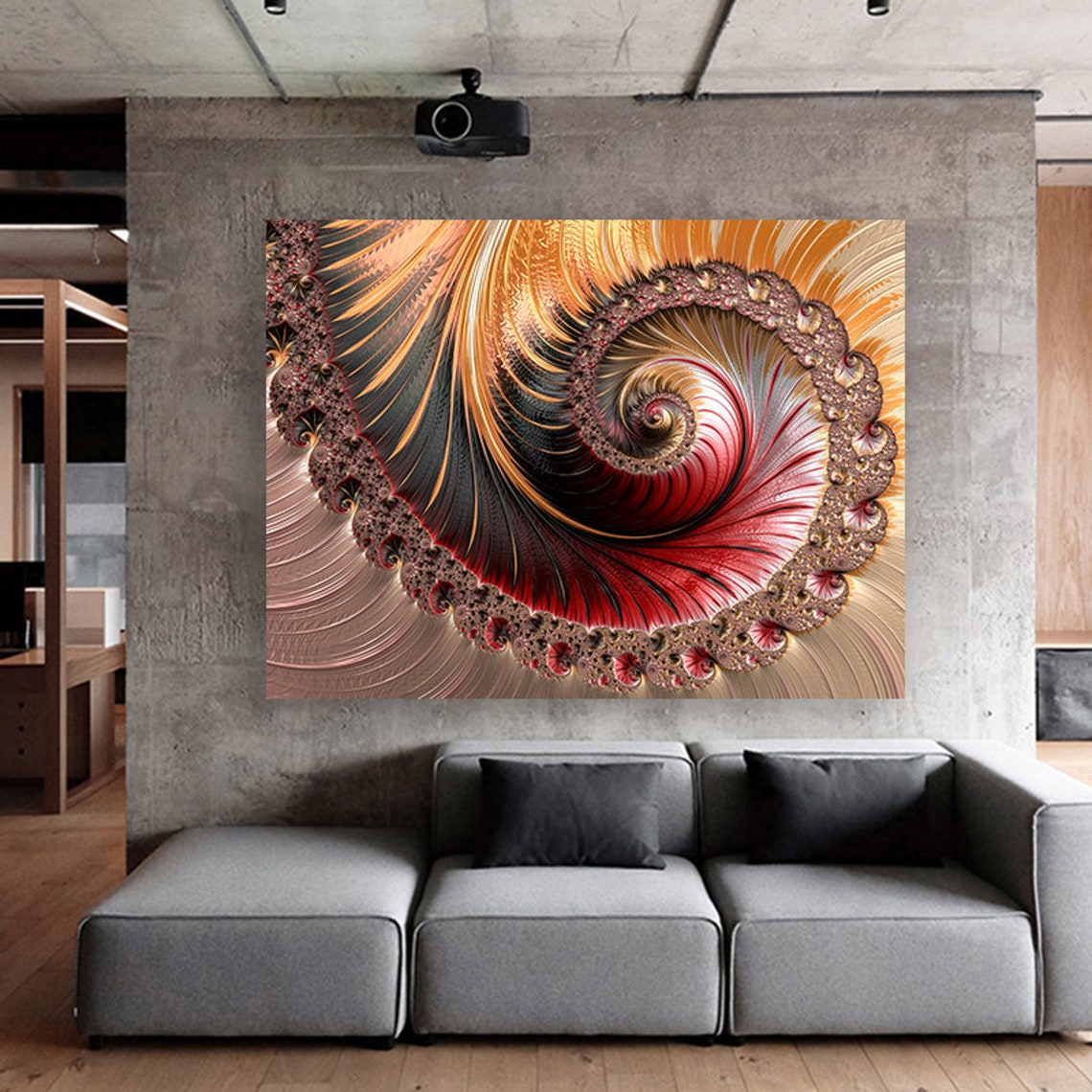 Red Gold Fractal Spiral Swirl Nautilus Abstract Modern Art Poster