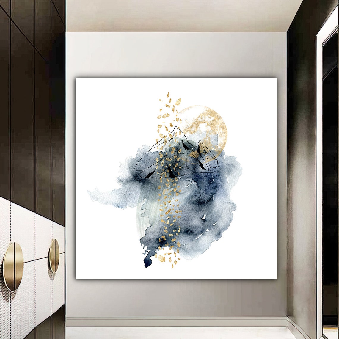 Watercolor Mountain Gold Moon Blue Wash Minimalist Art Print Poster