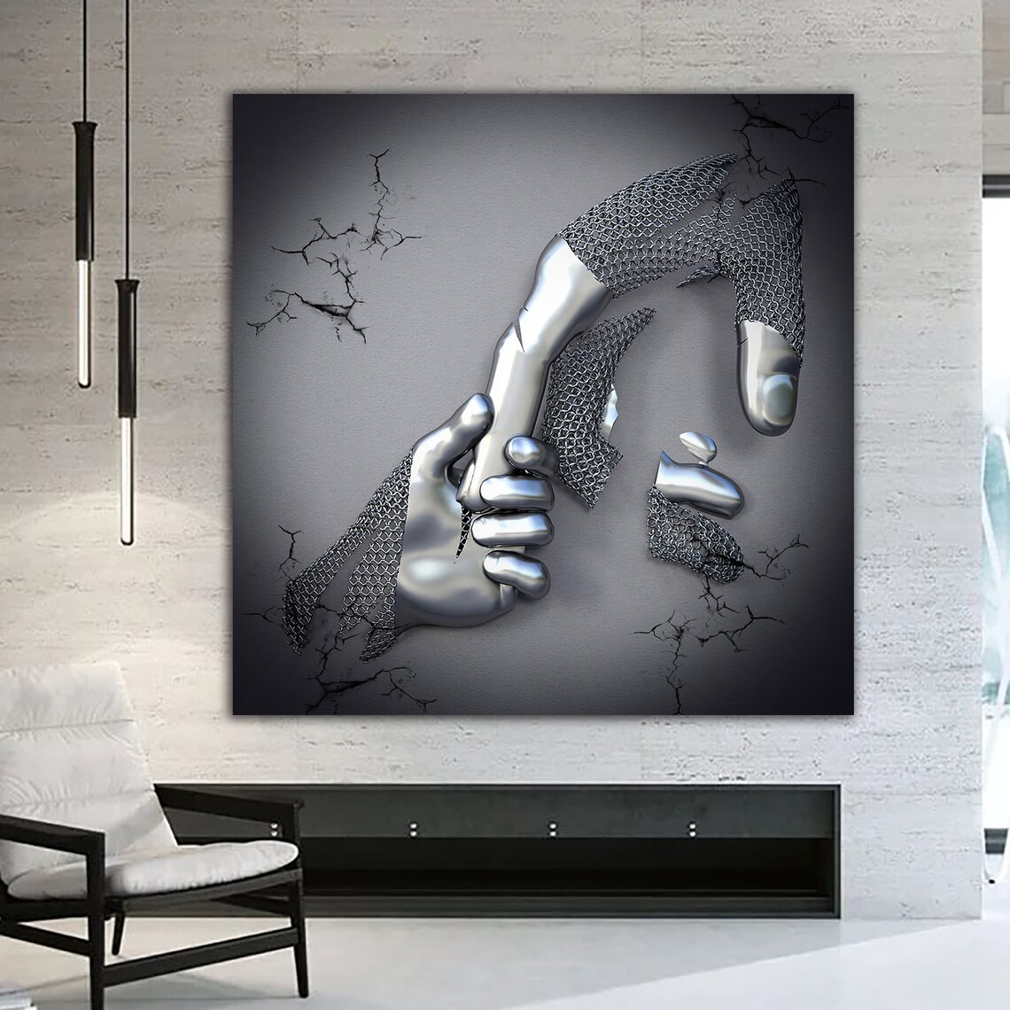Chain Hand Painting, 3D Effect Silver Glitter Textured Art Print