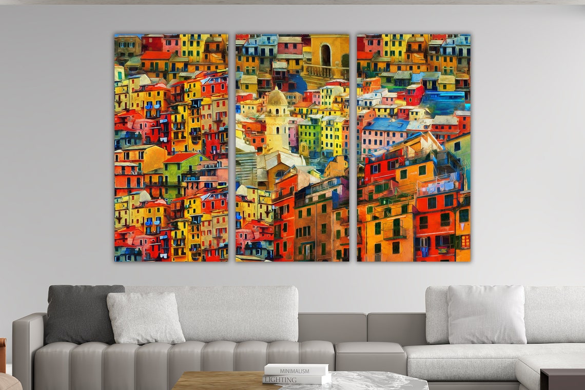 Italian Coastal Village Colorful Cliffside Houses 3 Panel Triptych Art