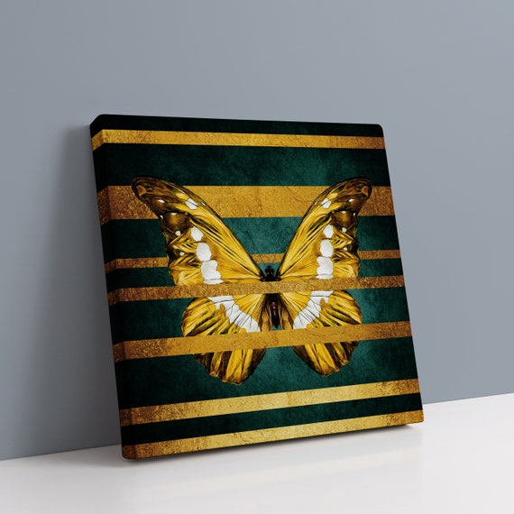 Golden Butterfly Painting Abstract Butterfly Print Green And Yellow Butterfly Wall Decor Butterfly Portrait Print