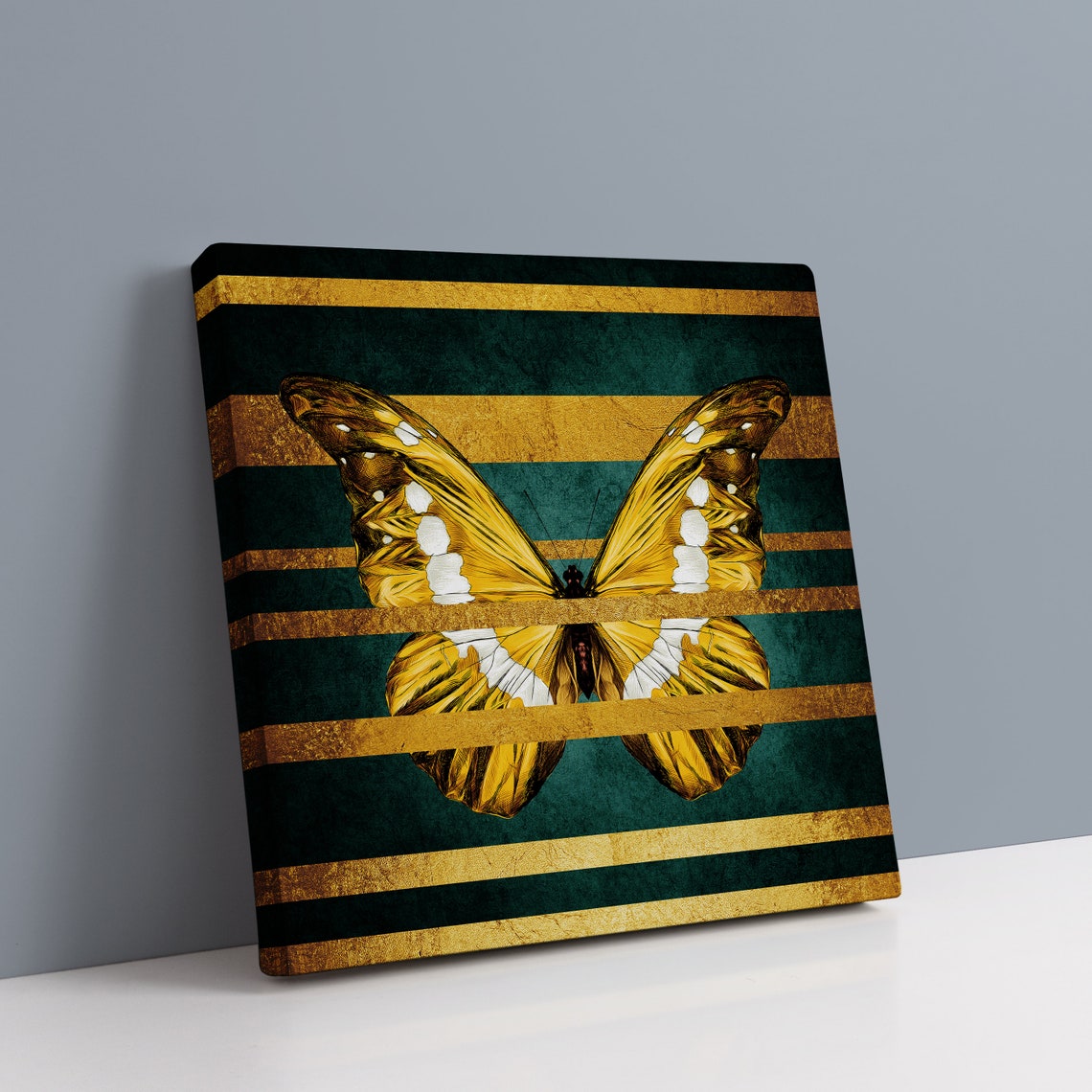 Golden Butterfly On Green Gold Stripes Elegant Insect Art Poster