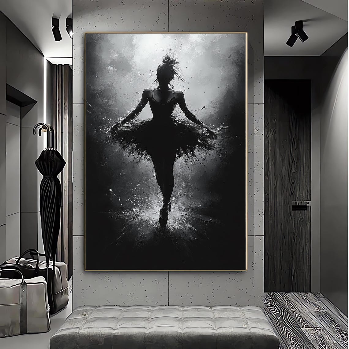 Black White Ballerina Silhouette Dancer Water Splash Dramatic Wall Art