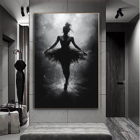 Black White Ballerina Silhouette Dancer Water Splash Dramatic Wall Art