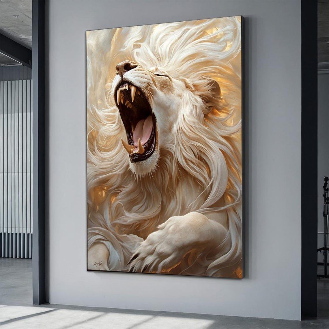 Roaring White Lion Golden Light Majestic Fangs Wildlife Wall Poster