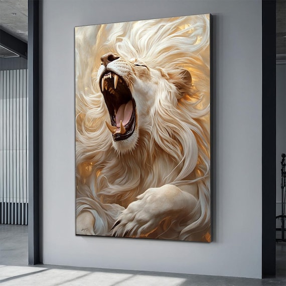 Roaring White Lion Golden Light Majestic Fangs Wildlife Wall Poster