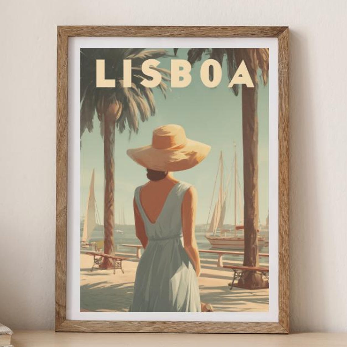 Lisboa Portugal Vintage Travel Style Woman Waterfront Sailboats Poster