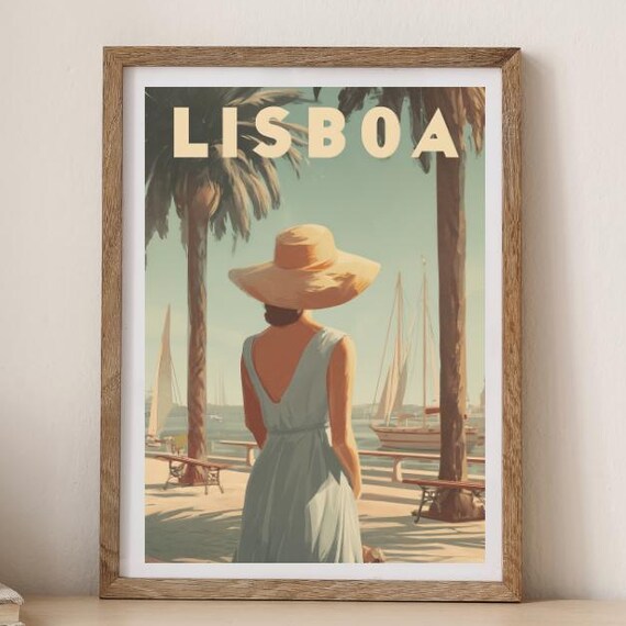 Lisboa Portugal Vintage Travel Style Woman Waterfront Sailboats Poster