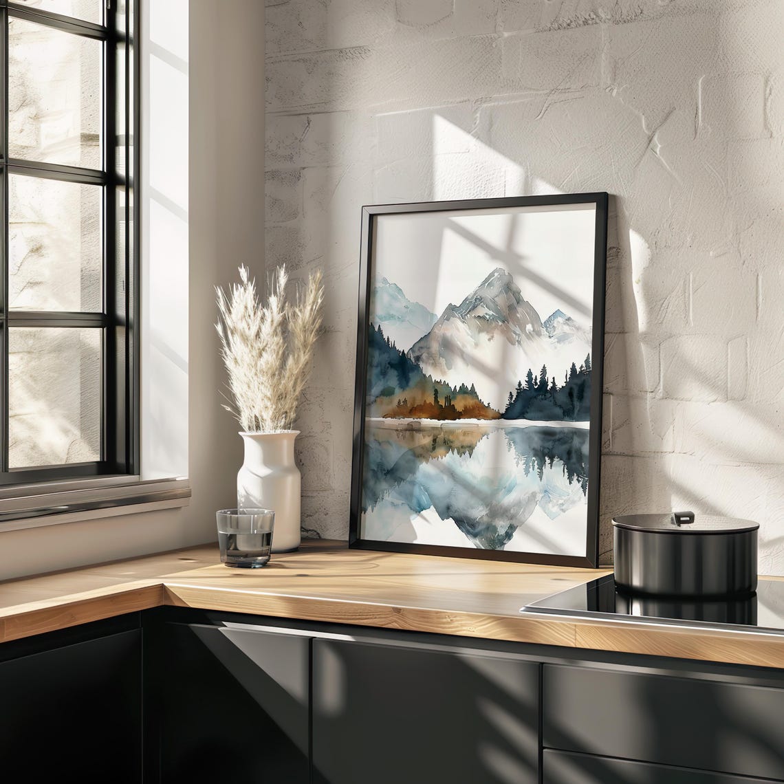 Misty Mountain Lake Mirror Reflection Watercolor Nature Poster - Image 2