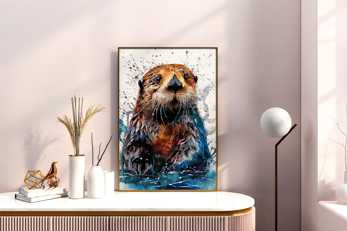 Sea Otter Watercolor Portrait Playful Blue Splash Art Poster - Image 4