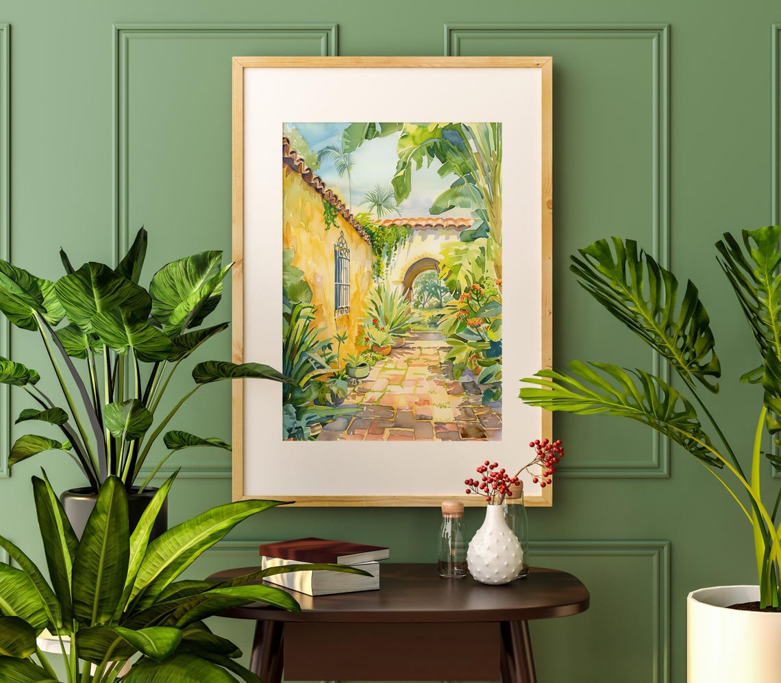 Sunlit Spanish Courtyard Garden Watercolor Tropical Art Poster - Image 3